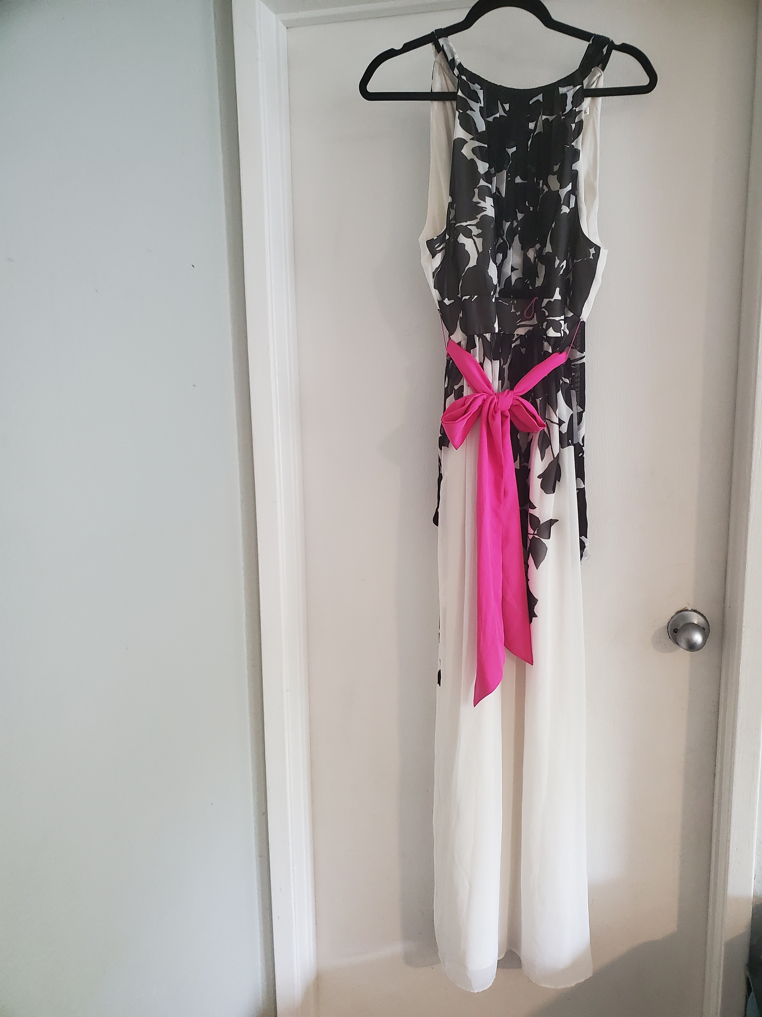 Eliza J Black & White Floral Maxi Dress With Bright Pink Sash Nwt Sz 14